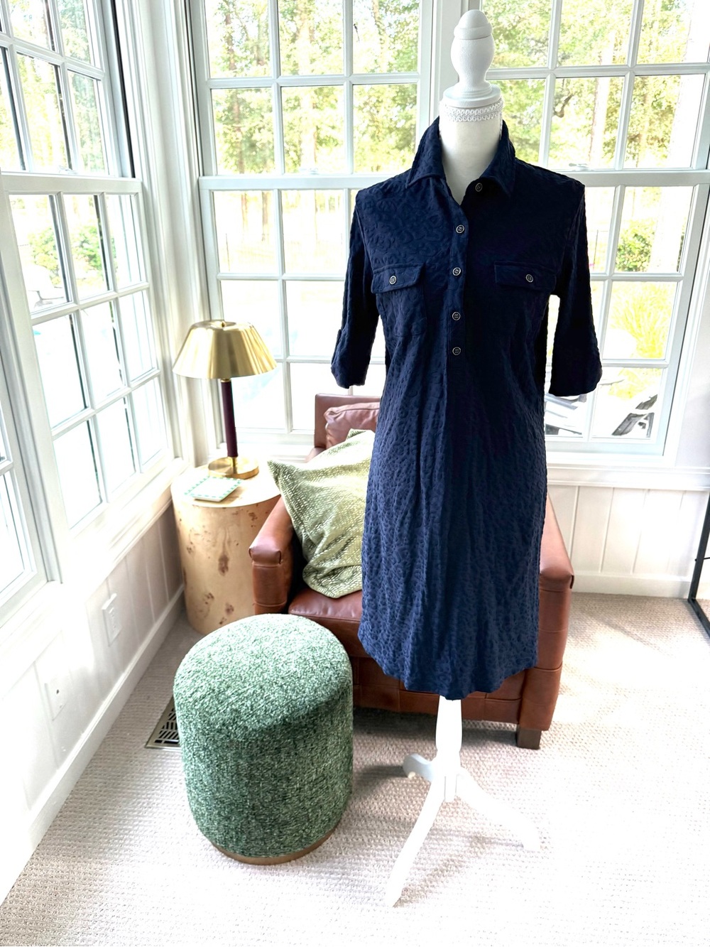J McLaughlin Yolanda Knit Dress Jacquard Pattern Navy Blue Size Small